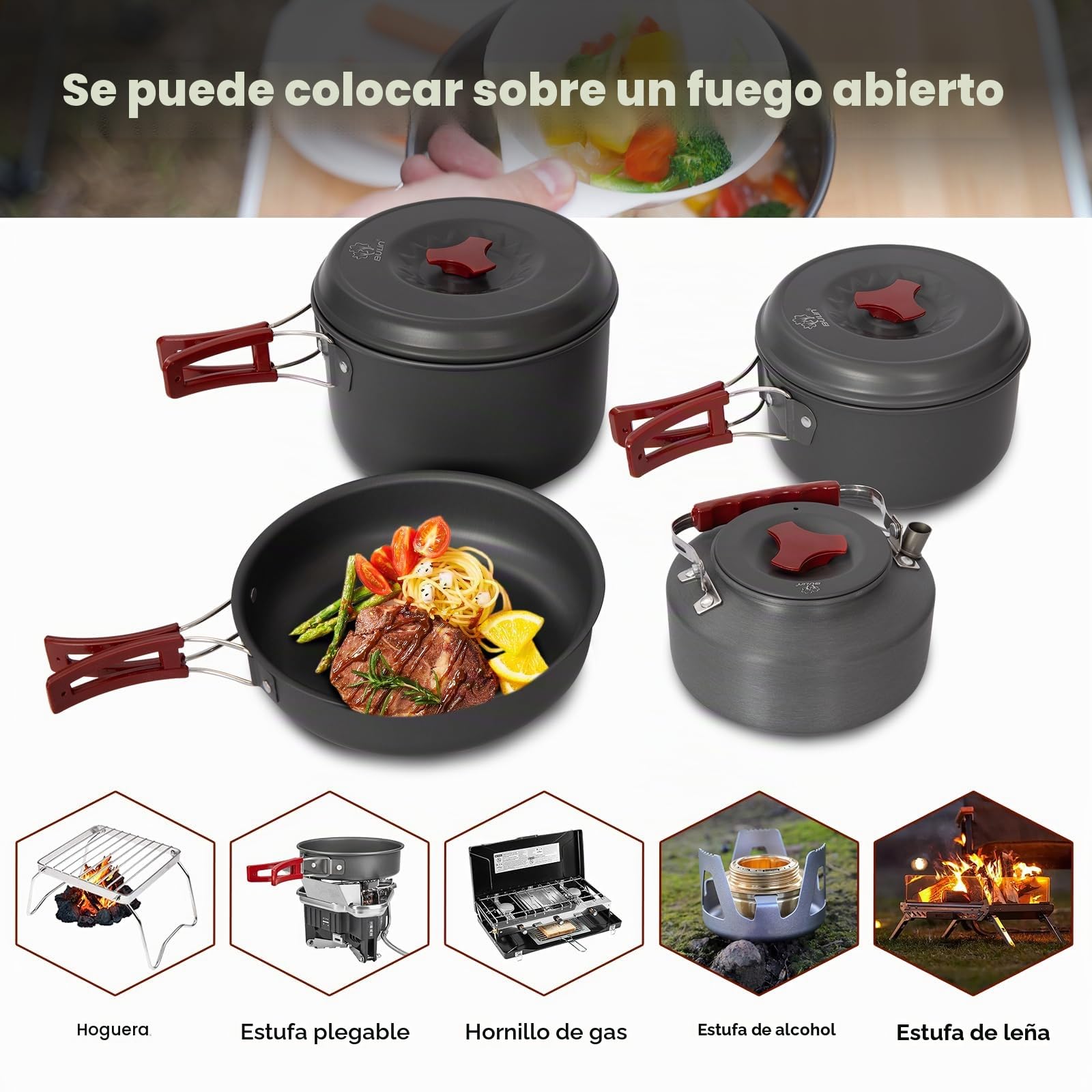 Bulin Set de Cocina Camping, ollas de Aluminio, Set de Cocina Ligero con Cubiertos Plegables y hervidor, Utensilios de Camping para 1–2–4–6 Personas, Ideal para Camping, Exterior y Picnic