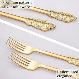 WDF 100 Piece Gold Forks Disposable - 7.48 Inch Gold Plastic Forks - Baroque Plastic Silverware for Dessert Cake - Heavy Duty Thanksgiving for Party, Wedding or Daily Using