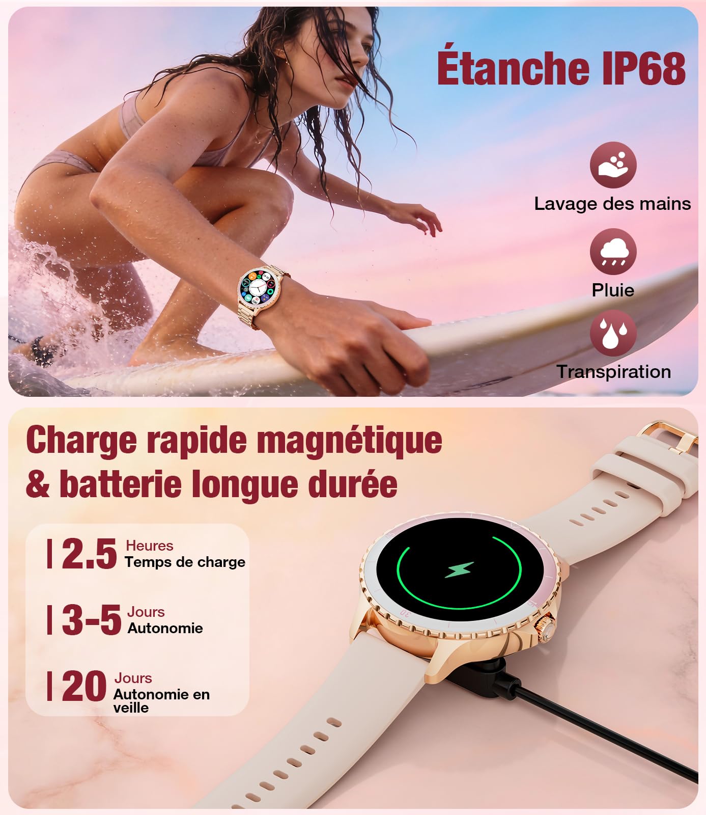 Montre Connectée Femme Ronde, 1,27" Smartwatch Femme avec Appel Bluetooth, Montre Intelligente Santé Féminine Fréquence Cardiaque SpO2 Sommeil Montre Fitness Podomètre, Or Rose