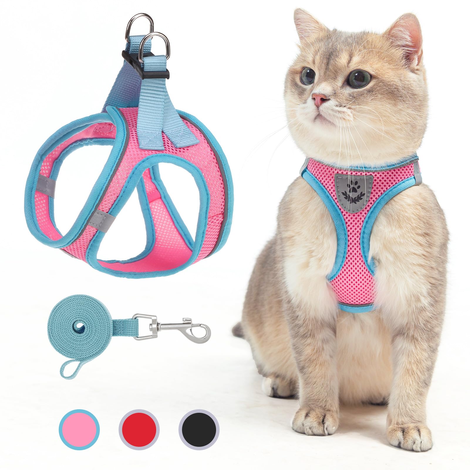 SCENEREAL Cat Harness and Leash Set Escape Proof, Adjustable Soft Air Mesh Kitten Harnesses for Girls Boys Small Medium Big Cats, Reflective Light Travel Pet Walking Vest for Puppy Rabbit, Pink L