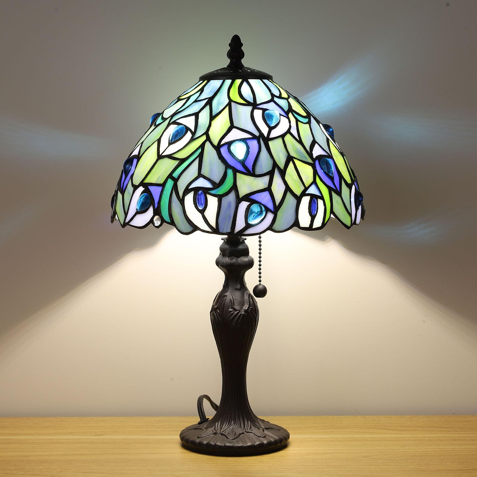 FUMAT Tiffany Table Lamp for Living Room Blue Phoenix Tail Stained Glass Table Lamps for Bedroom Hand-Made 3 Color Temperature Bedside Nightstand Lamp Home Office Desk Lamp 10X10X17Inch W/LED Bulb