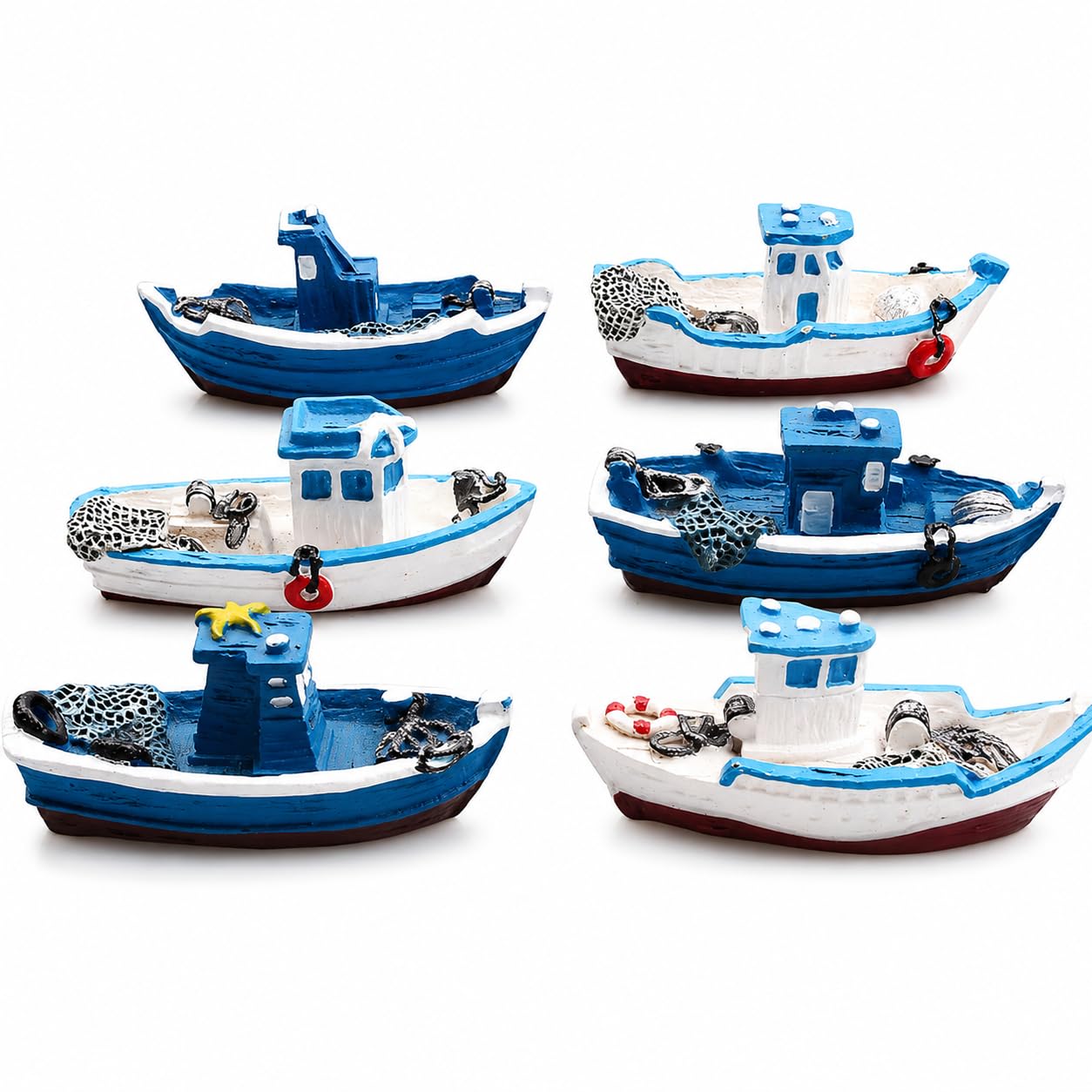 Sndperiexam 4Pcs Mini Fishing Boat Decor Set, Mediterranean Coastal Resin Nautical Tabletop Ornament (Random Styles)