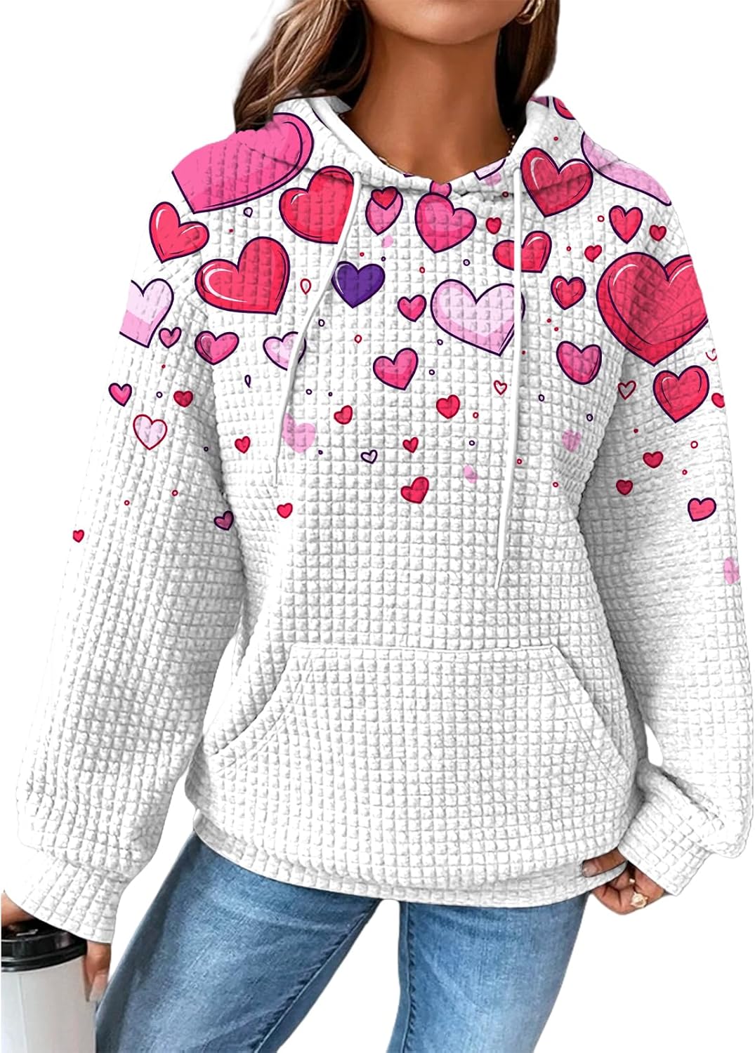 Women's Valentines Day Hoodies Pullover Waffle Crewneck Cute Graphic Hooded 2025 Sp...