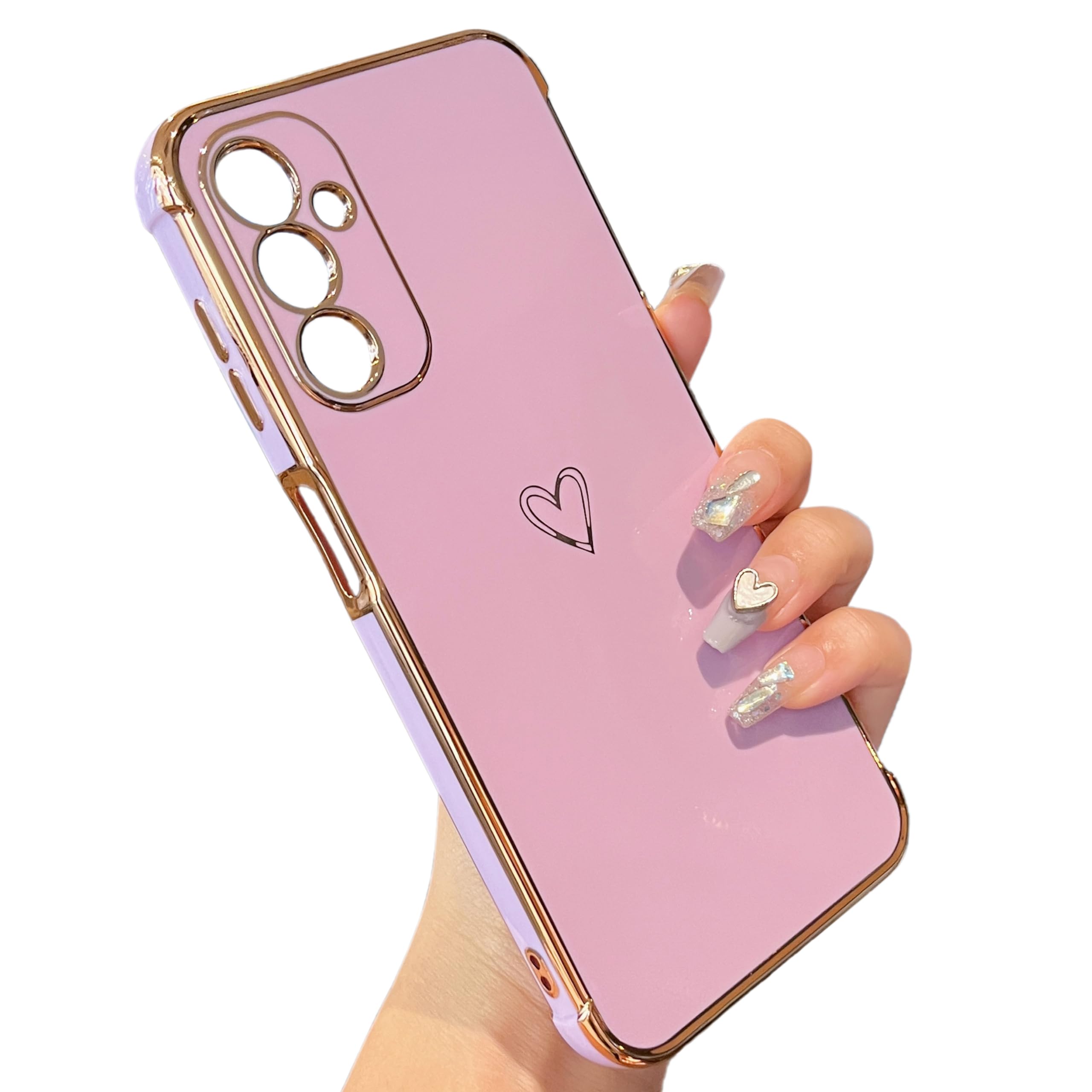 ZTOFERA Hülle Kompatibel mit Samsung Galaxy A15 5G, Handyhülle für Samsung A15 4G, Mädchen Silikon Schutzhülle mit Herz Muster Goldener Rand Weiche Stoßfest Bumper Cover, Lila