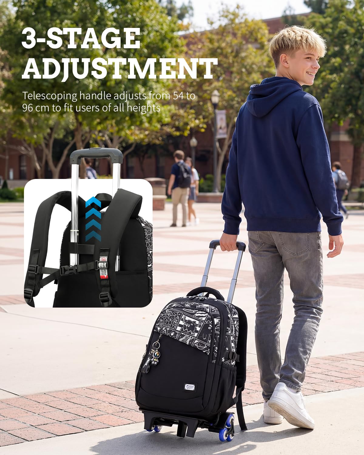 Zaino con Ruote per Ragazzi Adolescenti, 26L Zaini Scuola Trolley Media e Superiore Staccabile, Zaino Ragazzo Impermeabile Nero Graffiti-Daypack da Viaggio con Carrello