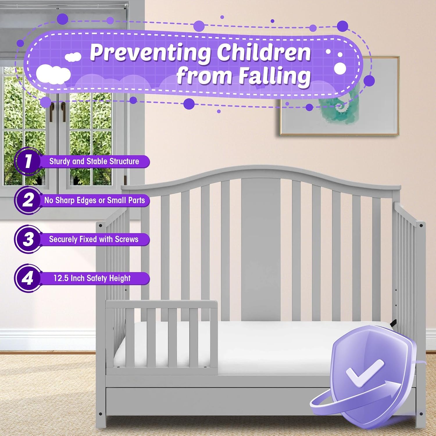 Toddler Safe Guardrail Compatible with Storkcraft and Graco Crib Conversion - CPSC Certified, Crib Rail for Prevent Toddler from Rolling Off The Bed, Gray