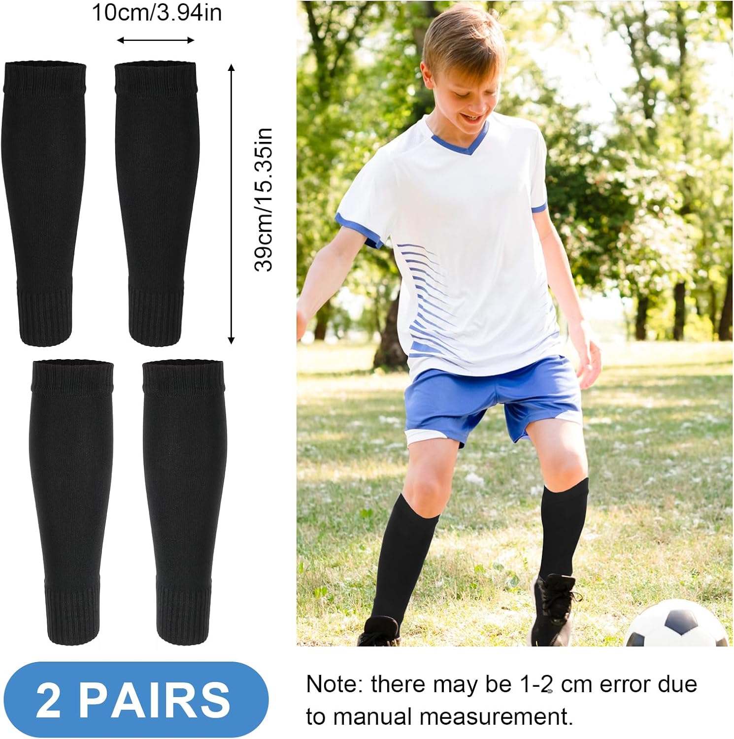 Tyqour 2 Pairs Kids Soccer Socks Pre Cut, Leg Sleeve Socks, Football Shin Guard Sleeves for Age 7-14 Youth Boys Children Football Basketball Training Black