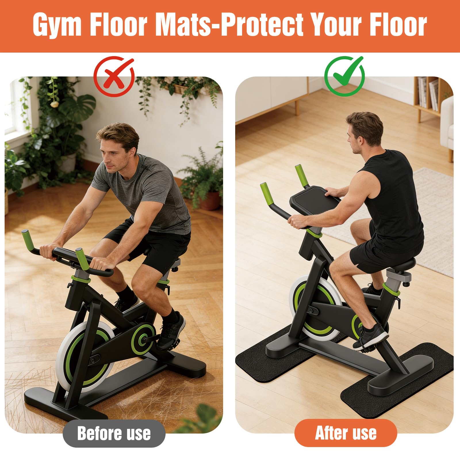 Lot de 2 Tapis de Protection Sol Fitness 28 x 70 cm, Tapis de Sol Sport 6 mm Anti Bruit Vibration pour Vélo Elliptique, Treadmill, Home Trainer