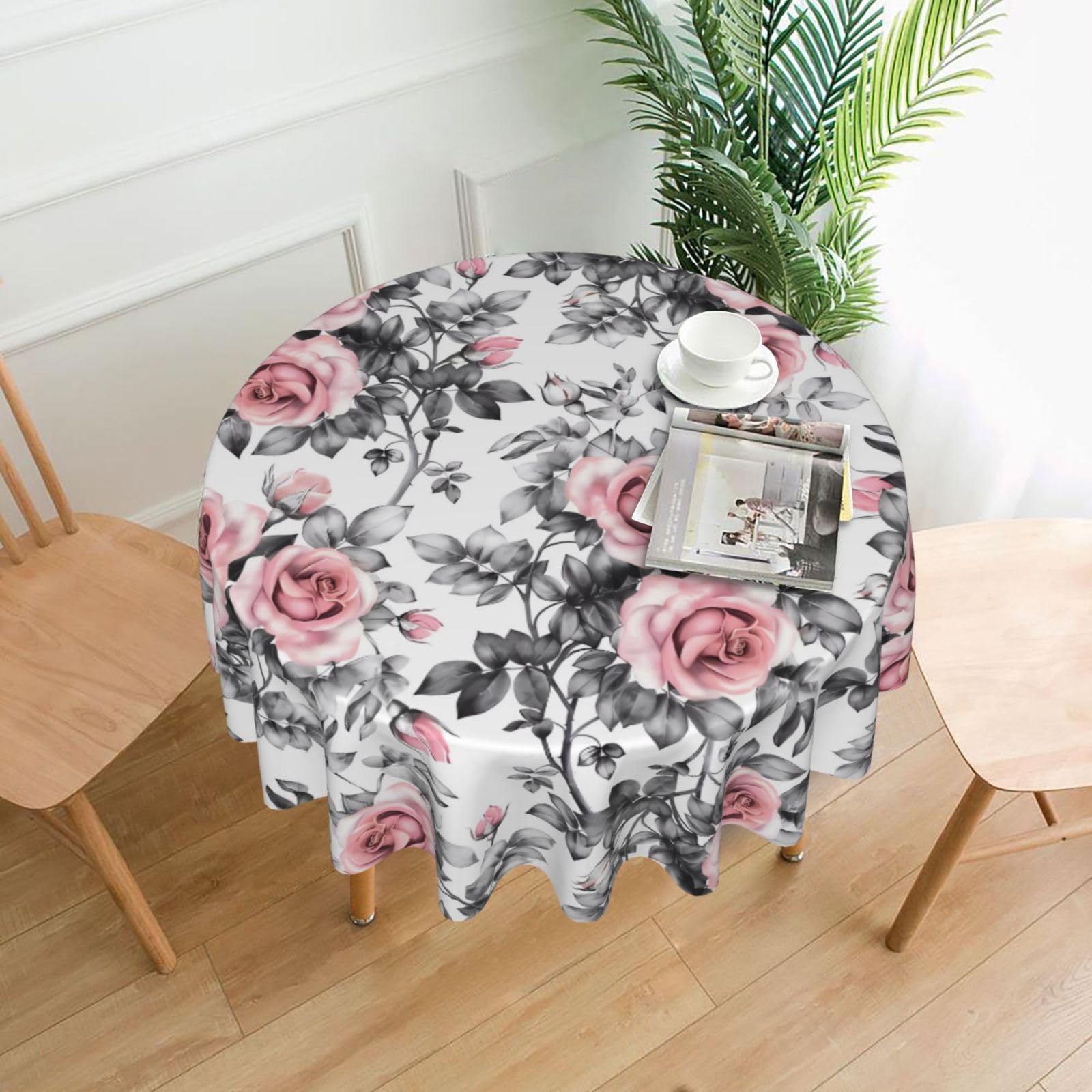 HJFCZH White Watercolor Floral Rose Prints Round Decorative Tablecloth 60in - High-Grade Polyester Throw for Dinners, Weddings & Everyday Use