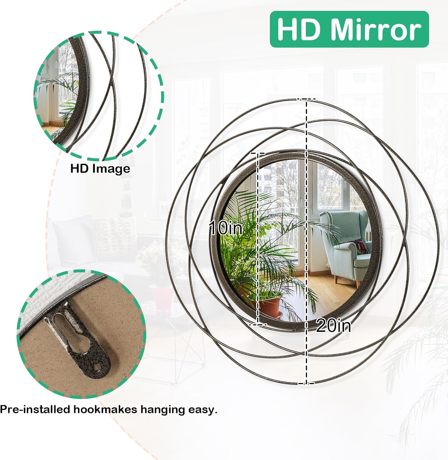 Wall Mirror Mounted Round Decorative Mirrors with Iron Metal Wire Frame Mirror for Wall, Home Decorative Bathroom Vanity, Living Room or Bedroom Large 20”