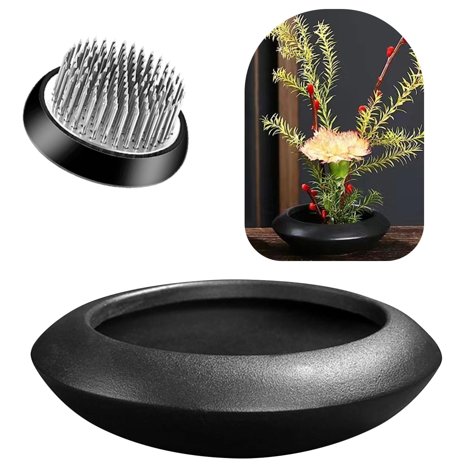 Elifinds Ikebana Vase Kit Ceramic Flower Frog Vase with Stainless Kenzan Japanese Ikebana Flower Arrangement Pot for Floral Displays Moss & Hydroponic