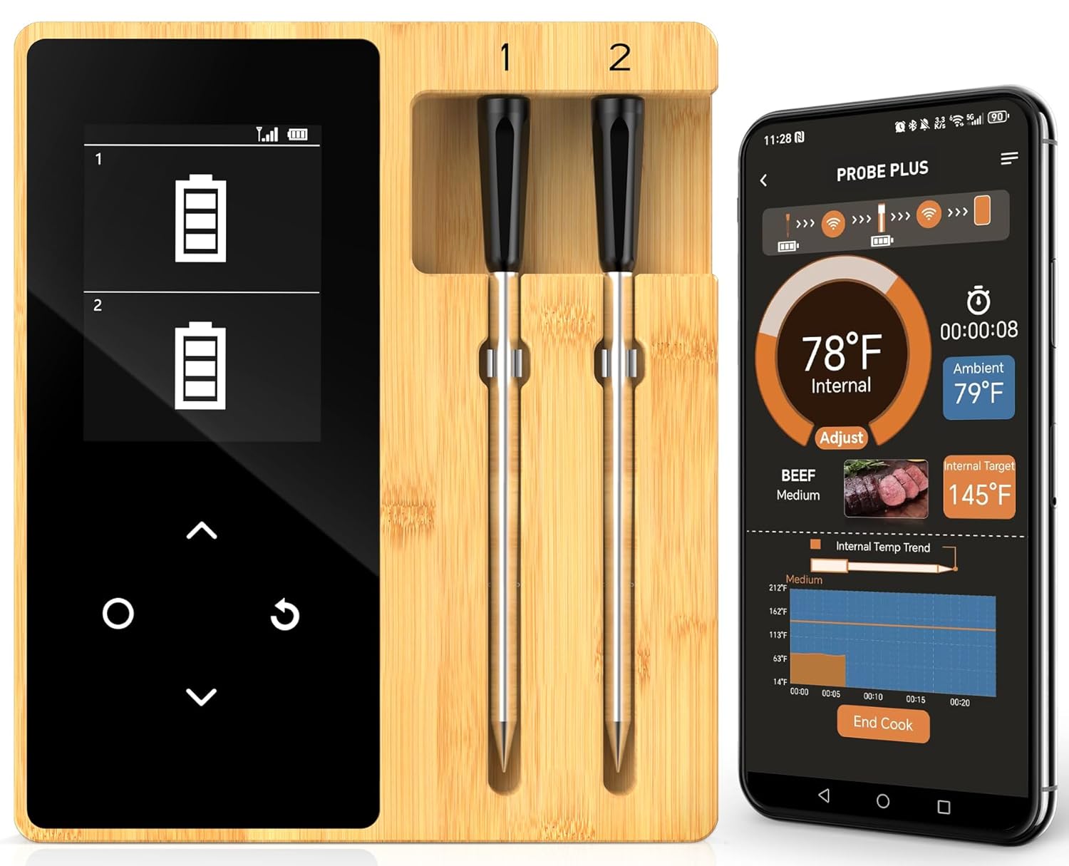 Smart Accurate Wireless Meat Thermometer - 2 Probes for BBQ, Smoking, Grilling, Cooking with Real-Time Alerts, Long Range Bluetooth, Dishwasher Clean, Waterproof for Indoor Outdoor Kitchen Use