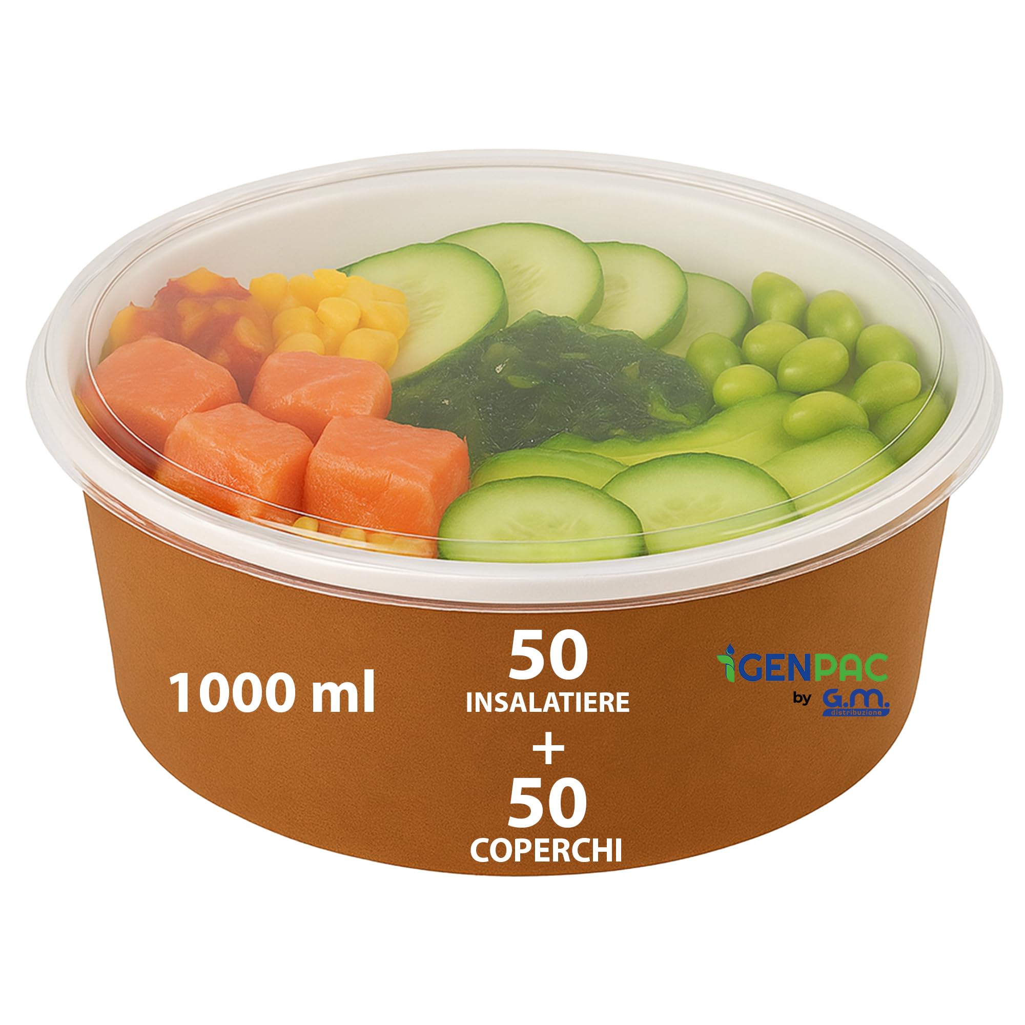 Contenitori Alimentari GM 50 Insalatiere Carta Avana 1000 ml Coperchio Trasparente Diametro 15 cm