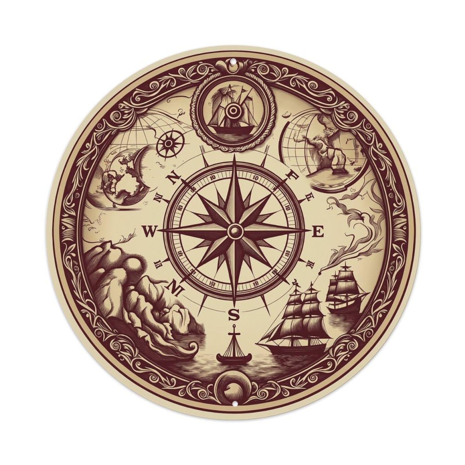 Vintage Nautical Compass World Map Narrative Chronicle Metal Tin Sign
