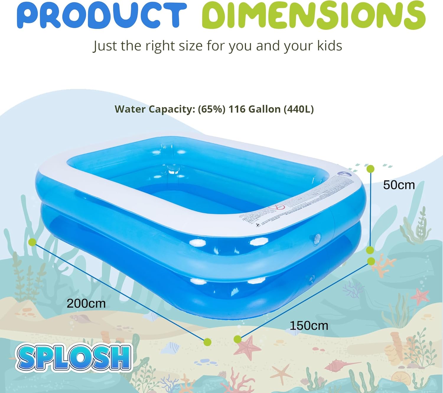 Splosh Inflatable Family Swimming Pool - Large Rectangle Kids Paddling Pool 2m x 1.5m - Easy To Inflate - Kids Paddling Pools For Garden — image 3