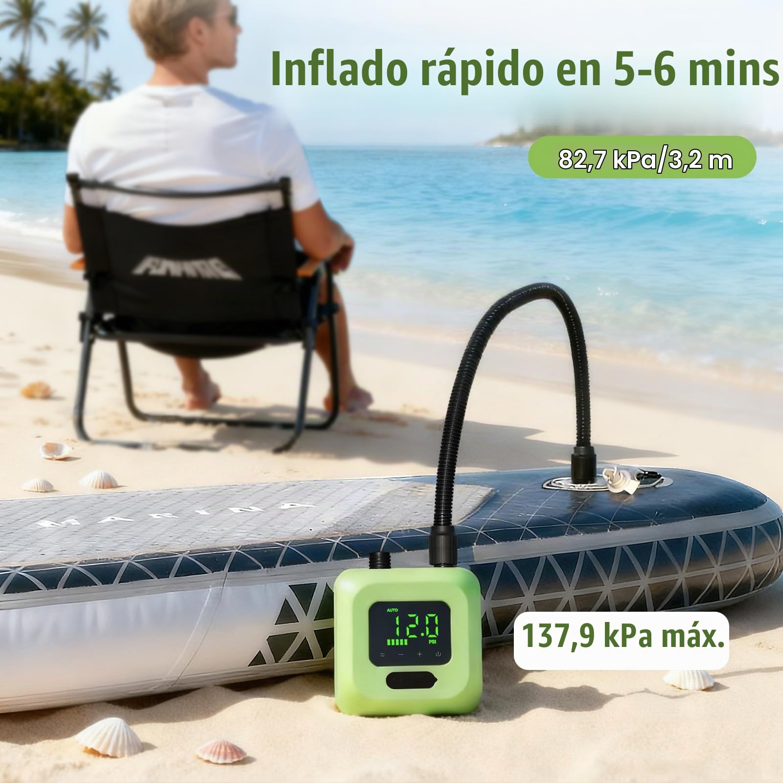 Bomba de aire eléctrica SUP con batería, bomba de tabla de remo recargable de alta presión de 20 PSI, inflado de doble etapa, apagado automático para kayak, alas de cometa, tiendas de campaña