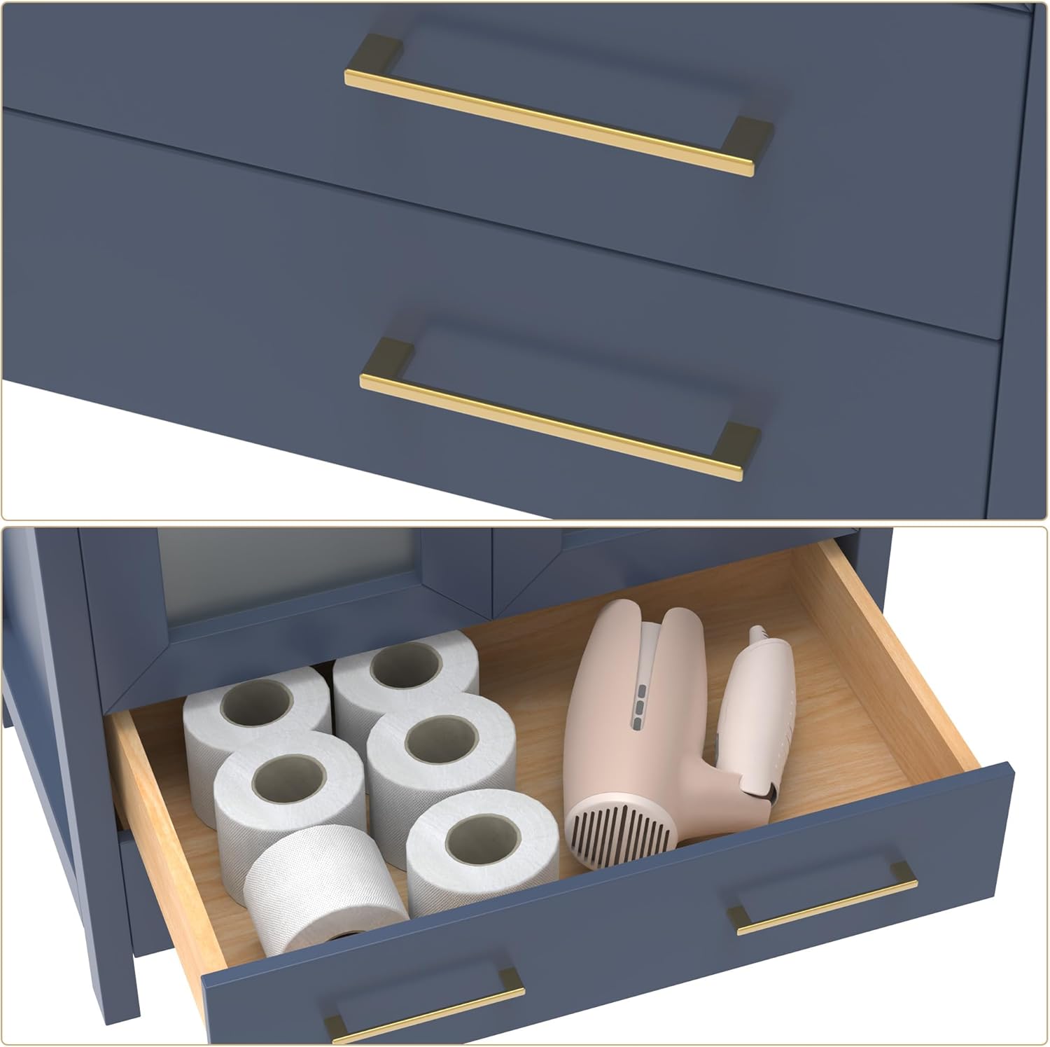 Vanity Art 72 Inch Under Mount Double Sink Bathroom Vanity Cabinet with 2 Mirrors, Ceramic Top Bathroom Cabinet Compact Set with 7 Dovetail Storage Drawers and Gold Finish Handles, VA3030-72B