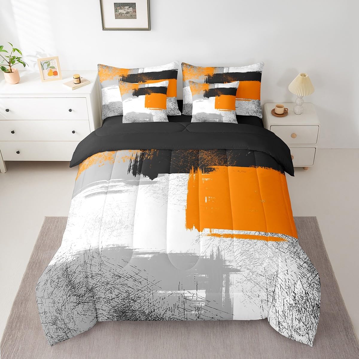 Feelyou Orange Black Grey White 7 Piece Bedding Set Abstract Bed Set Includes Comforter, Sheet Set, Pillowcases & Pillow Covers Twin Size Ombre Modern 7 Piece Bedding Set Bedroom Decor Buffalo Check