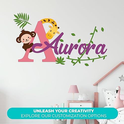 Miniatura 2 de Calcomanías de pared personalizadas de mono y jirafa para bebé niña o niño, nombre personalizado e inicial para decoración de pared de guardería,