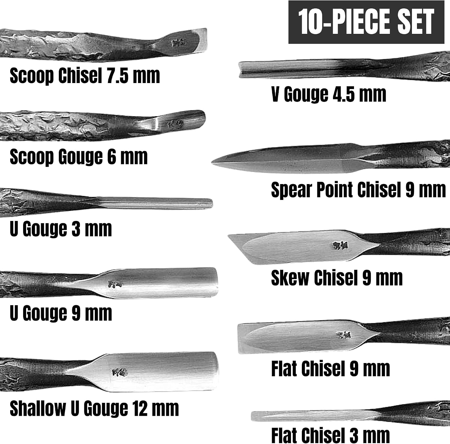 KAKURI Japanese Wood Carving Tools Set, 10-Piece Professional Wood Carving Knife Kit - Hand Forged AOGAMI Blue Paper Steel #2 Blades - Made in Japan