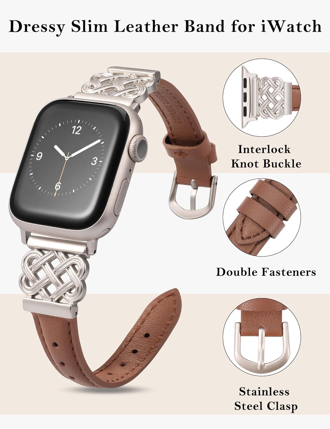 TOYOUTHS Compatible with Apple Watch Bands Women 42/44/45/46/49mm Dressy Slim Leather Strap with Celtic Knot Interlock Buckle for iWatch Band Series 11 10 9 8 7 6 5 4 SE/Ultra 3 2 1, Brown/Starlight Brown/Starlight 49/46/45/44/42mm(Series 3/2/1)