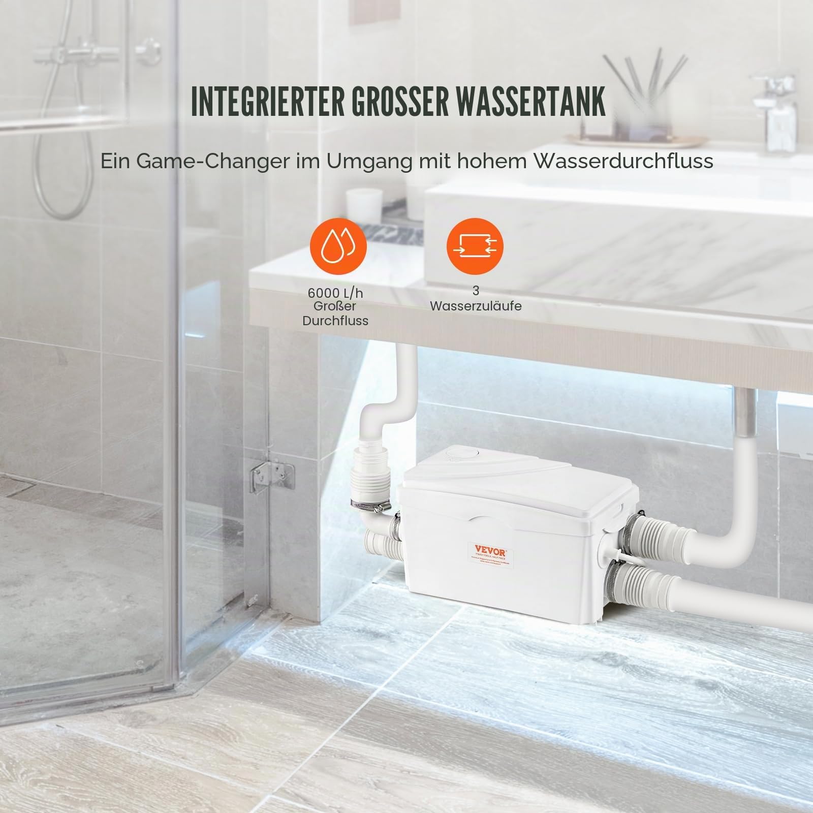 VEVOR Hebeanlage, 350 W, 6000 l/h Durchfluss, 7 m Förderhöhe, Abwasserpumpe mit 3 Wassereinlässen für Keller, Küche, Spüle, Dusche, Badewanne, Wäscheabwasserentsorgung, Aufspülmaschine