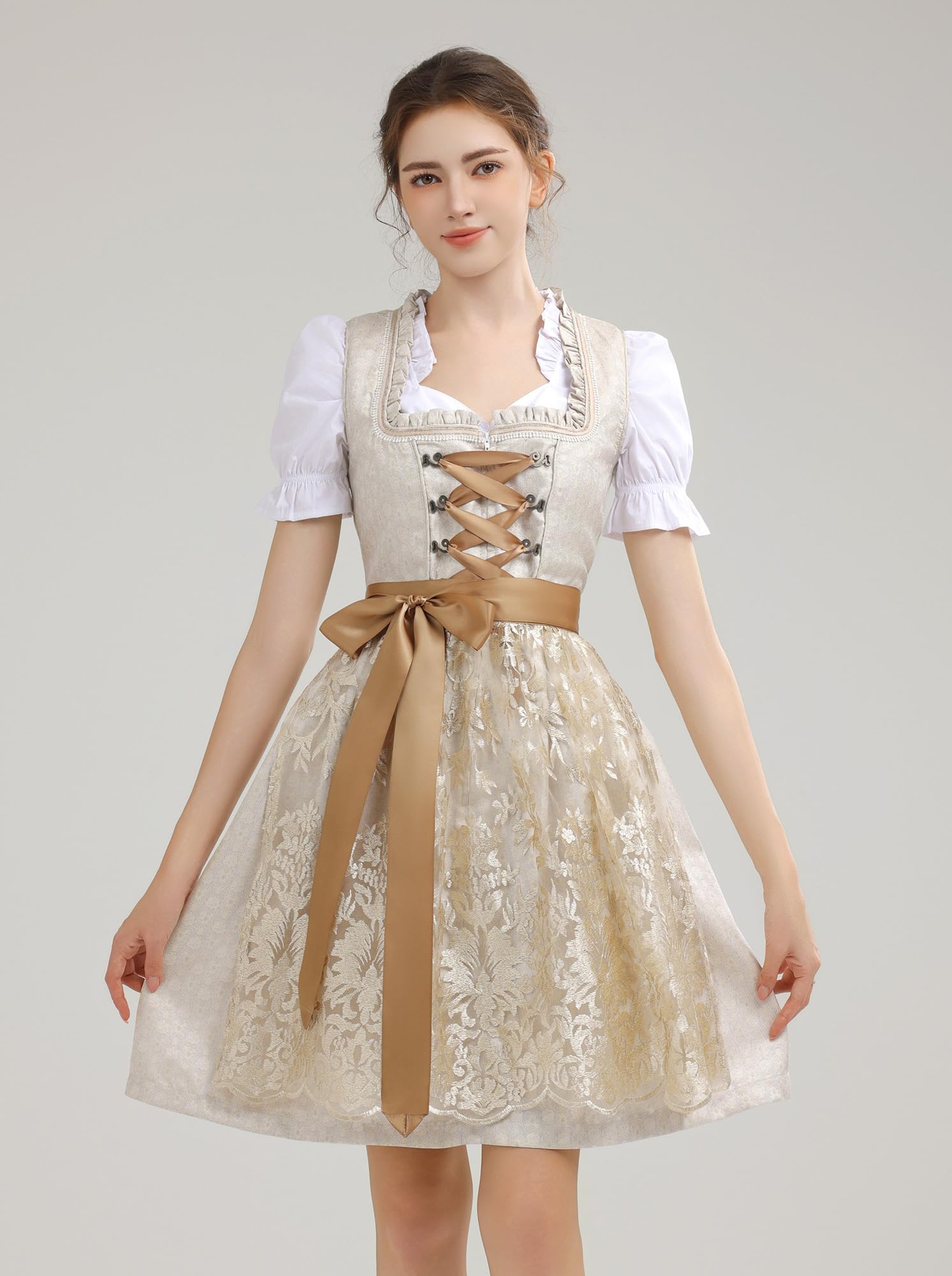Dirndl Damen Midi Dirndlkleid Trachtenkleid Lang Trachtenrock 3 Teilig | Dirndl Damen Oktoberfest Outfit Dresses Trachten Dirndelkleider Komplett Set mit 3 Teilig Dirndl Bluse Dirndlkleid Schürze