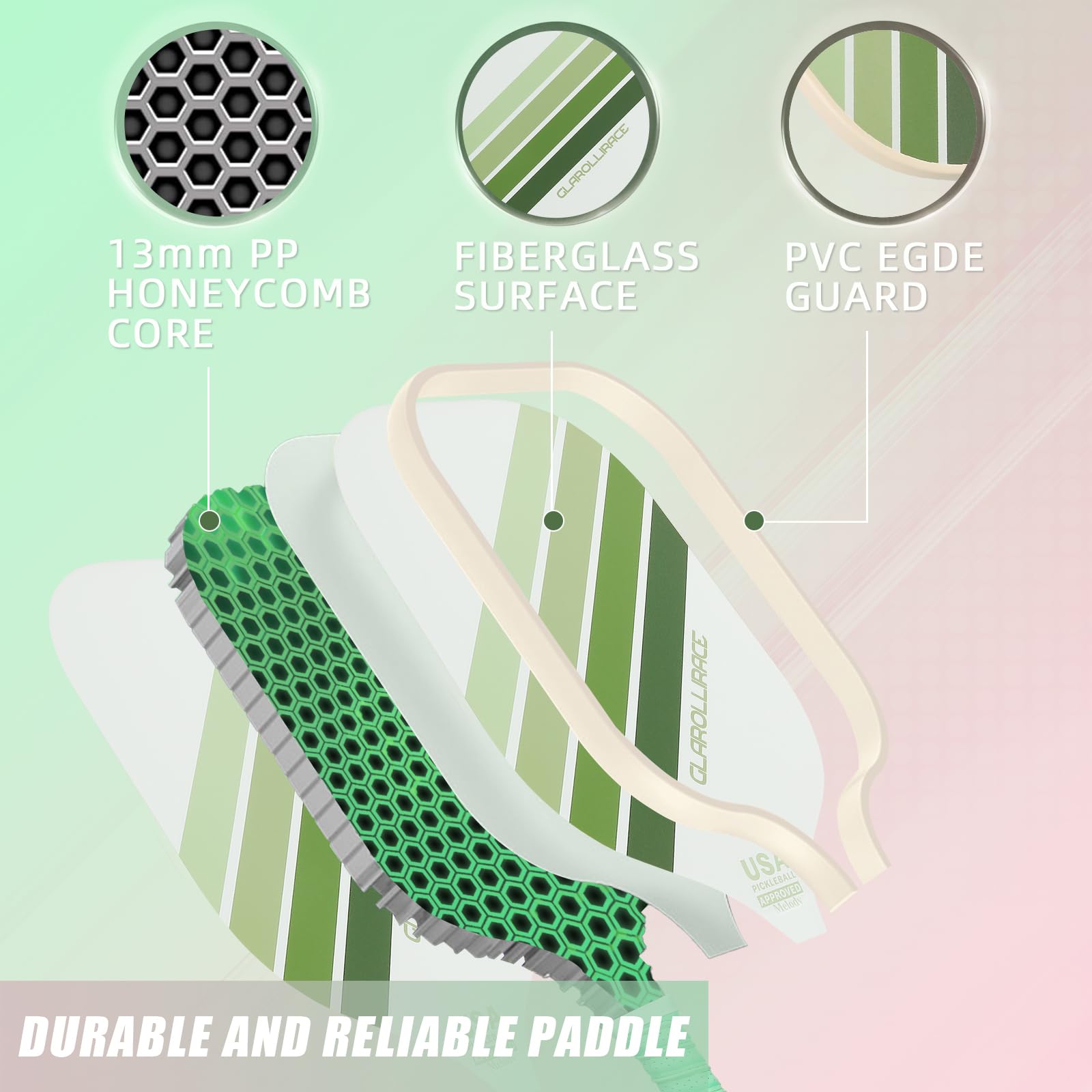 Set di 2 racchette da pickleball in fibra di vetro, approvate USAPA, superficie in fibra di vetro e nucleo a nido d'ape in polipropilene, manico traspirante, 4 palline per interni ed