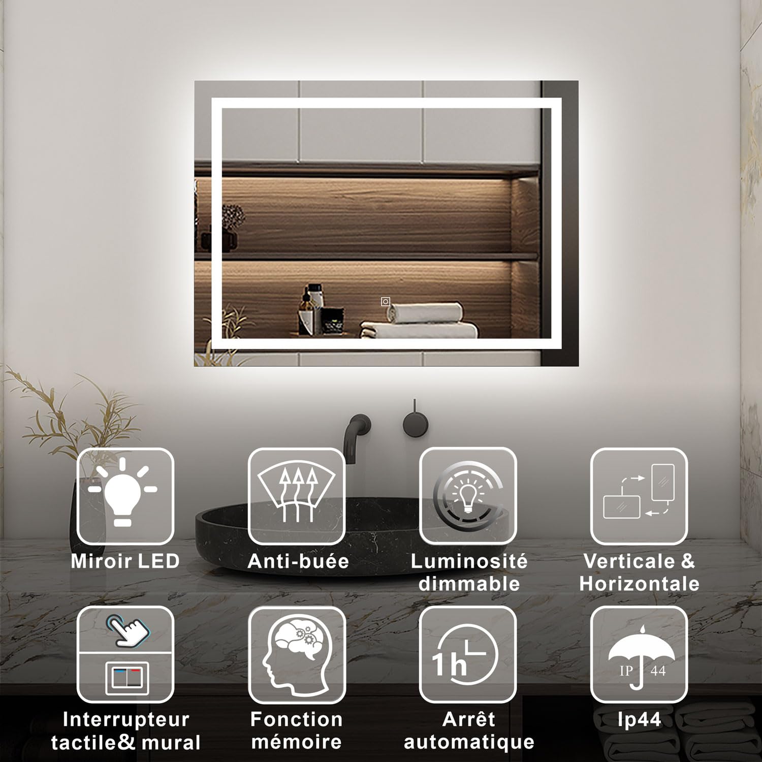 AICA Miroir Salle de Bain 80 x 60cm Anti-buée +dimmable + mémoire, Miroir Lumineux LED