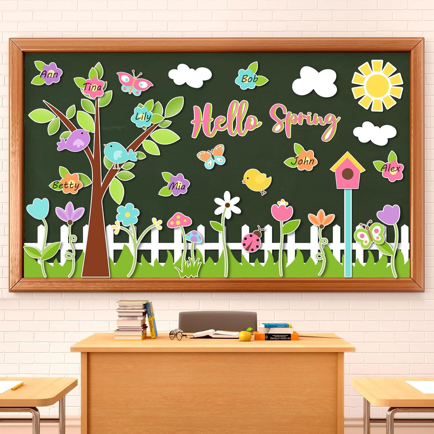 Whaline 116Pcs Spring Bulletin Board Decorations Set Colorful Tree Flower Bird Butterfly Grass Fence Cutouts Cute Springtime Tree Classroom Decor with Glue Point for School Home Wall Decor