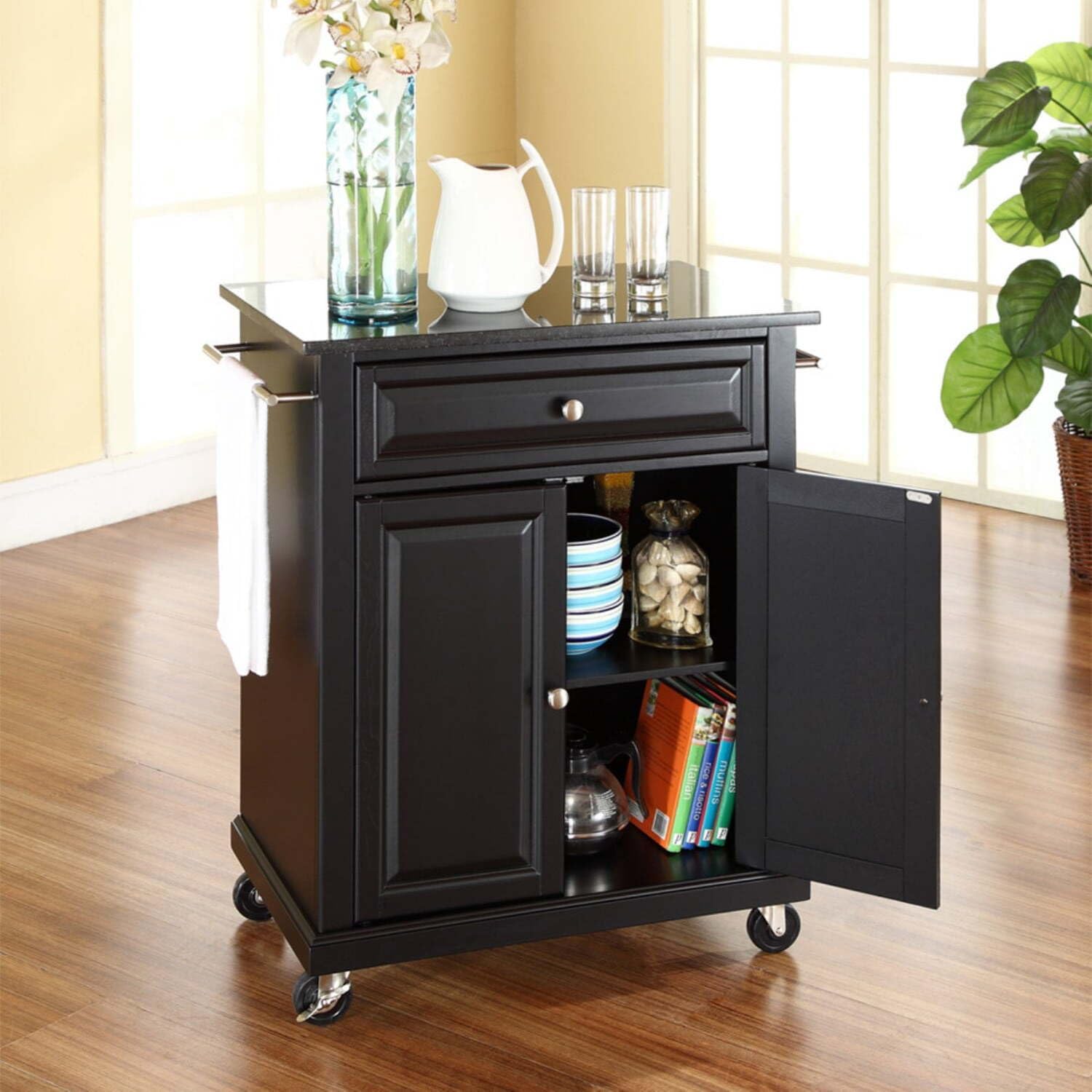HomeStock Black Granite Kitchen Island with Drawer & Shelf - 31" Long Cart