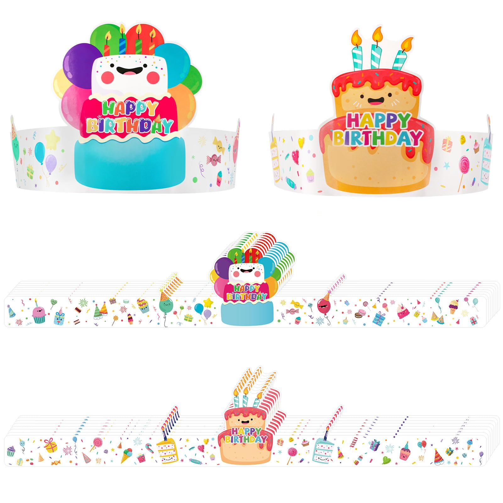 Lemicin 48 Pcs Happy Birthday Crowns Hats for Kids Adults Classroom School Family Party Decorations, Paper Crowns With Adjustable Card Slot for Boys Girls Birthday Party Supplies (2 Styles)