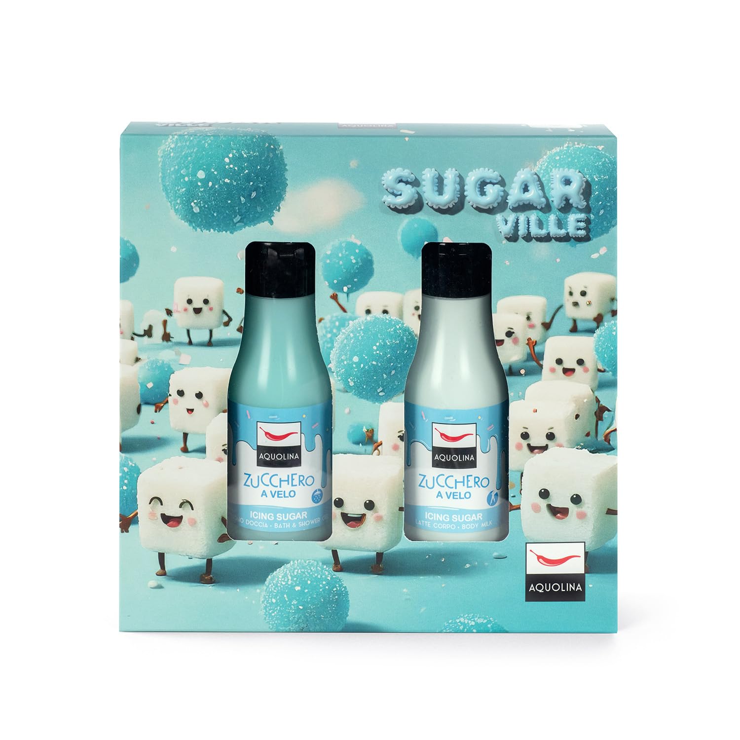 Aquolina Cofanetto Zucchero a Velo – SUGAR VILLE – Bagno Doccia 125 ml + Latte Corpo 125 ml – Set Profumato Idratante Made in Italy