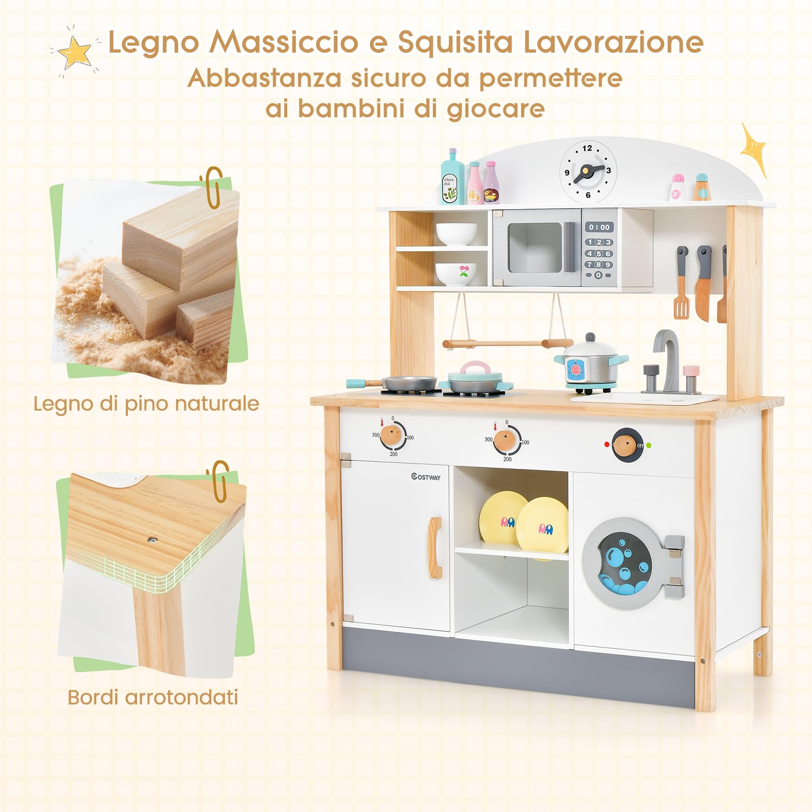 COSTWAY Cucina Giocattolo per Bambini in Legno, Set da Cucina per Bambini con Forno a Microonde, Accessori Vari per Cucinare, per Bambini 3 Anni +, TM-70, Bianco