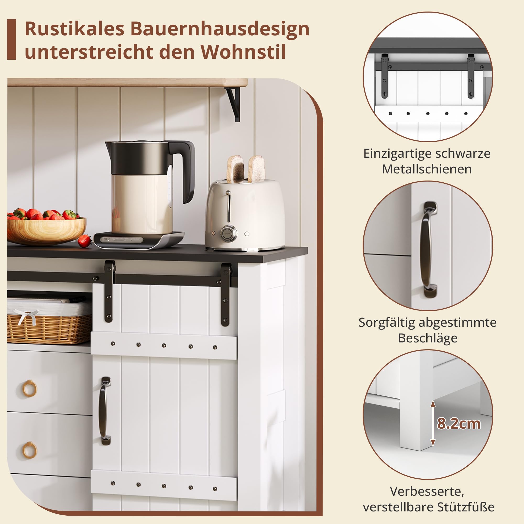 Armadio a buffet con vano portaoggetti, larghezza 120 cm, con ante scorrevoli e 3 cassetti, in legno rustico, per cucina, sala da pranzo e soggiorno, bianco
