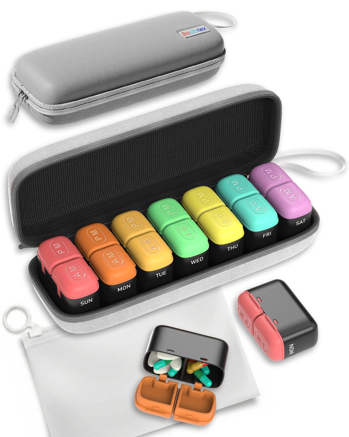 Weekly Pill Organizer 2 Times a Day 7 Day Travel Medicine Pill Organizer with Moisture-Proof Silicone Lid AM