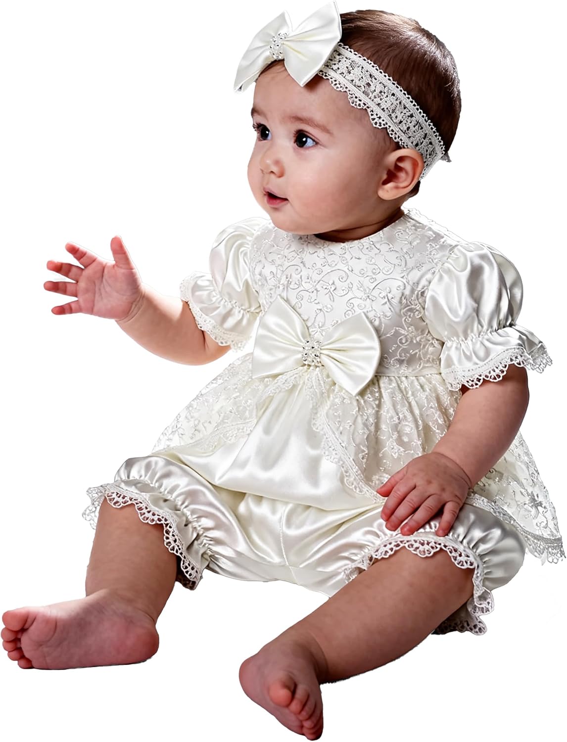 SIRRI Baby Girls Floral Lace Christening Bow Dress Set with Matching Bloomers and Headband