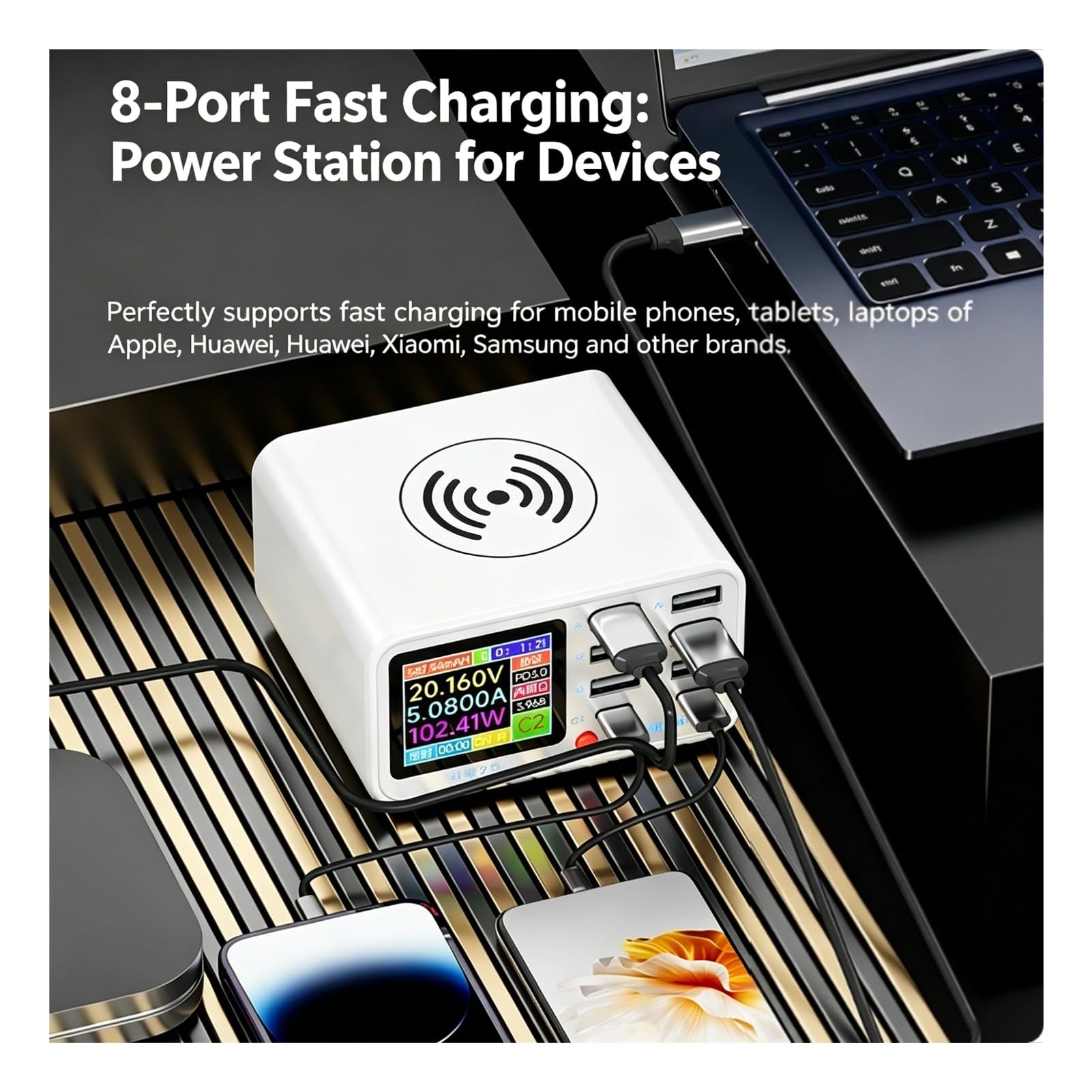 Cuifati Stazione di Ricarica Wireless USB, 65W 8 Porta Multi Caricatore USB con Display Sullo Schermo, Hub Organizzatore Desktop Smart IC Multi (Spina europea)