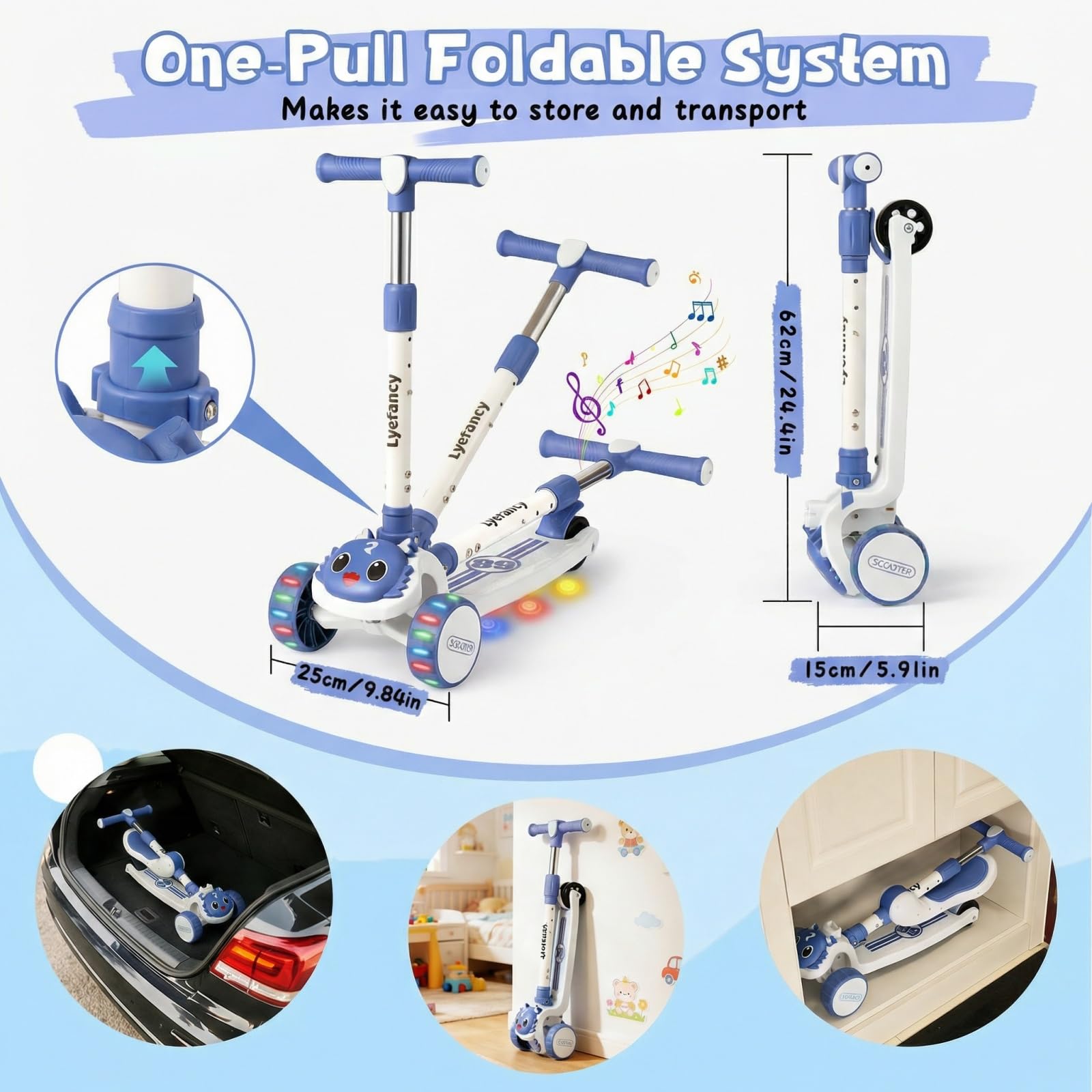 Patinete de 3 ruedas para niños de 2 a 8 años 2 en 1 con asiento desmontable, ruedas plegables con música y ruedas luminosas, altura ajustable, desplazable por cambio de peso