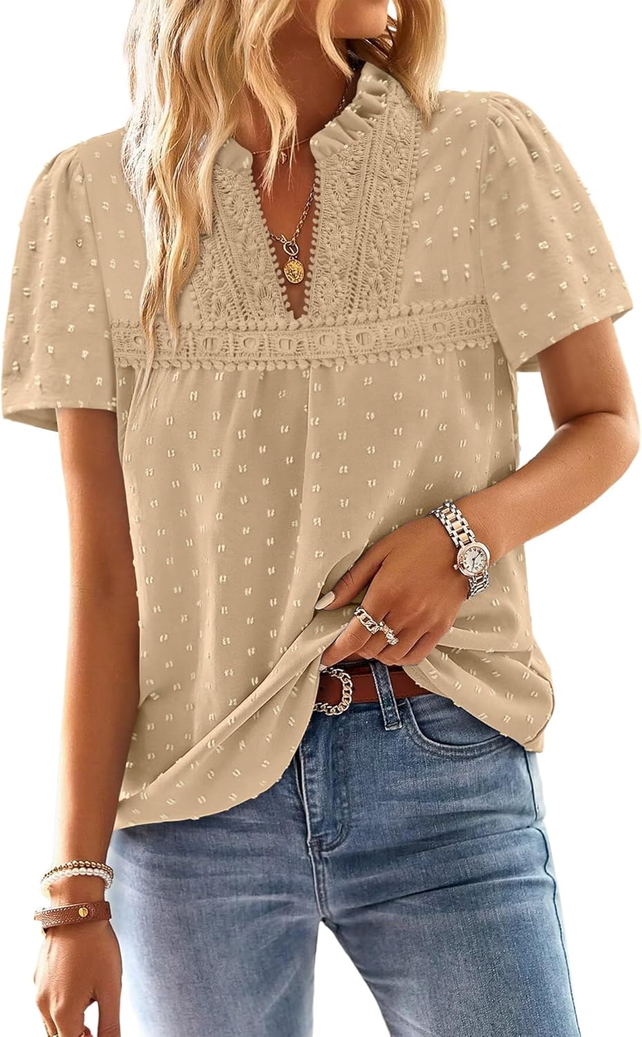 ONLYSHE Boho Tops for Women Short Sleeve Shirts Vneck Ruffle Flowy Womens Blouses Dressy Casual Lace Hem Clothing S-3XL