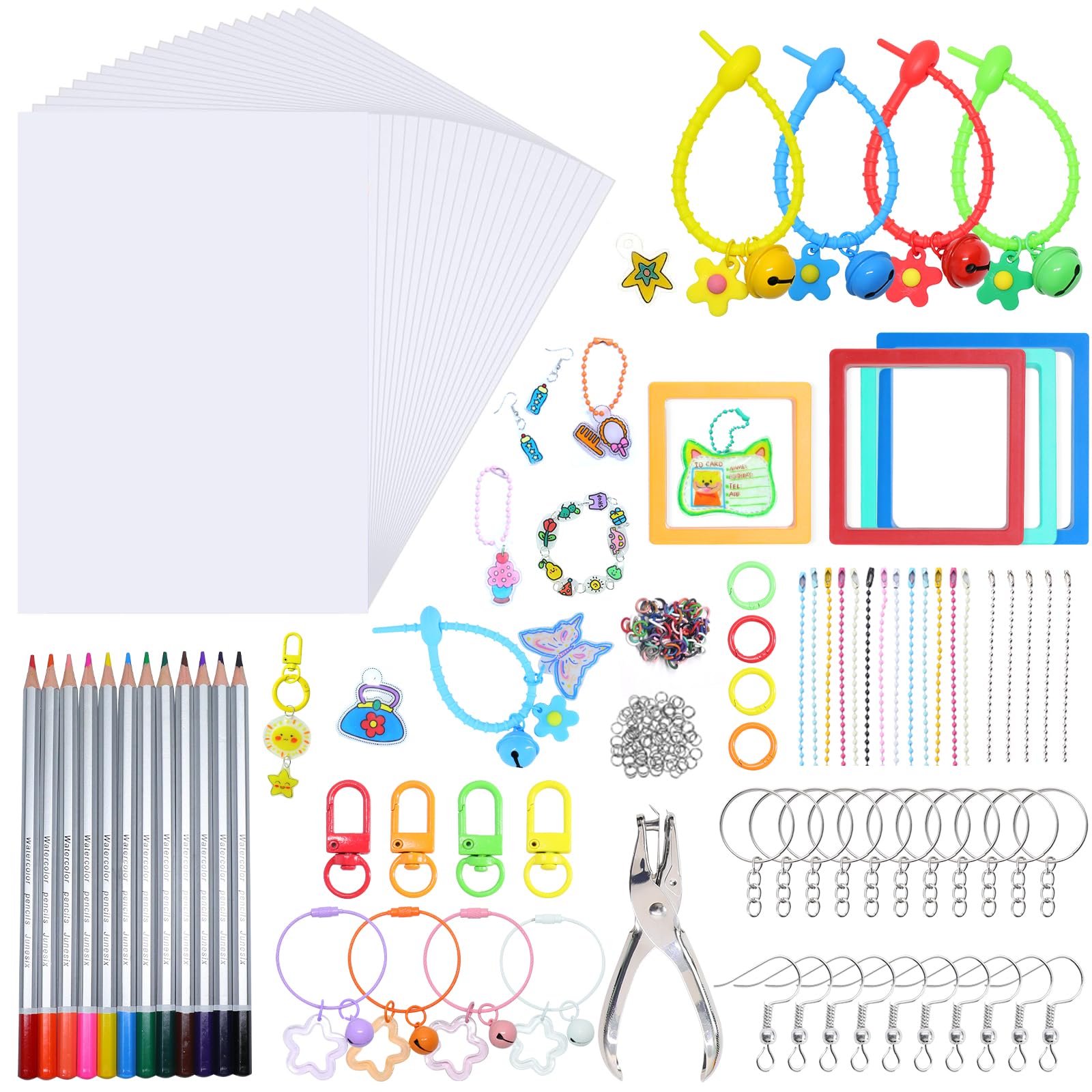 DWOOKE 328 Pcs Heat Shrink Plastic Sheet Kit, 20 Sheets Shrink Film Art Paper,Colored Pencils,Hole Punch and 295 Pieces KeyRings Making Accessories Creative Kids DIY Craft Set