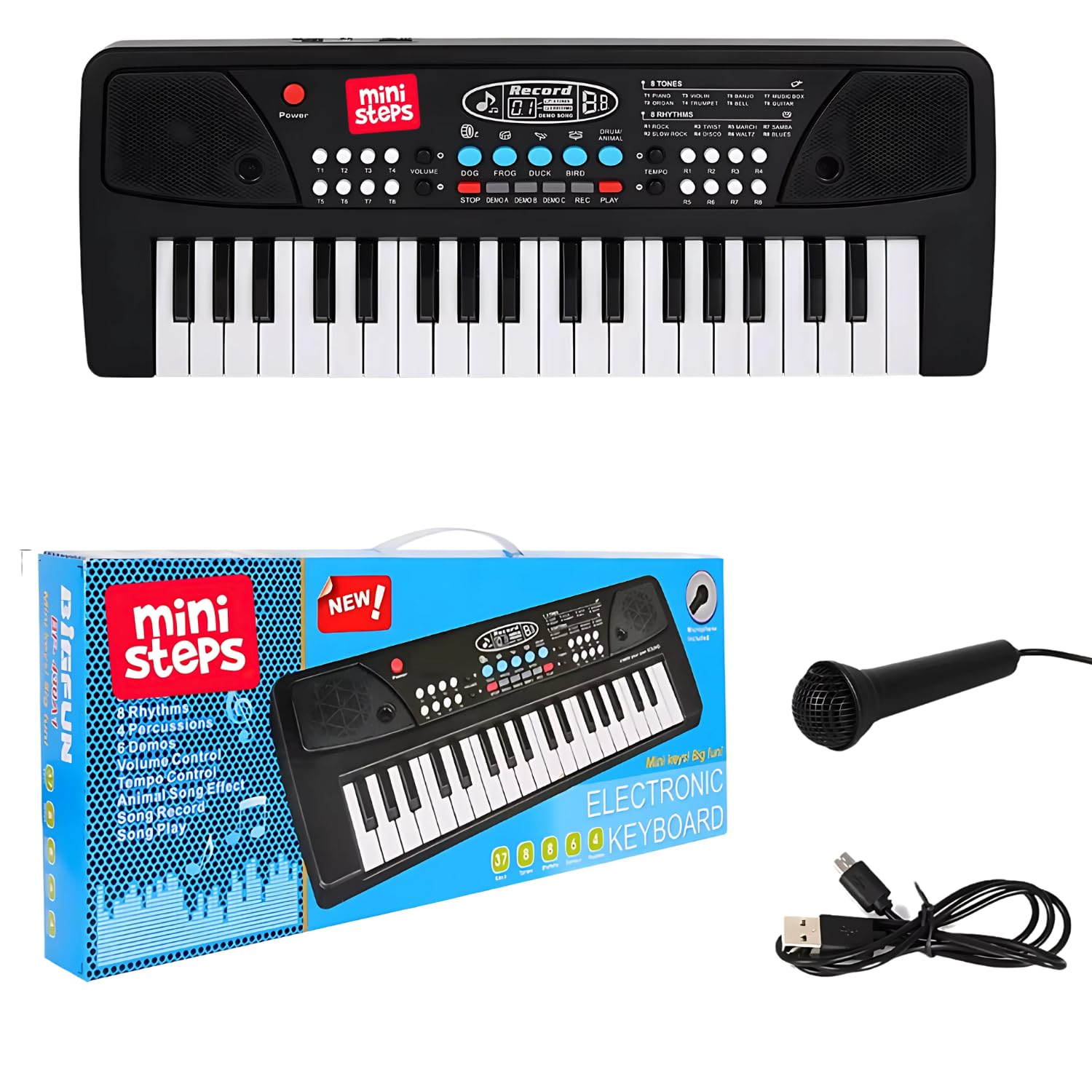 Mini Steps 37-Key Kids Piano Keyboard Toy – Musical Sound Toy with Mic, Recording, 8 Rhythms, 8 Tones & Adapter, Best for Beginners (Age 3-5)-image-17