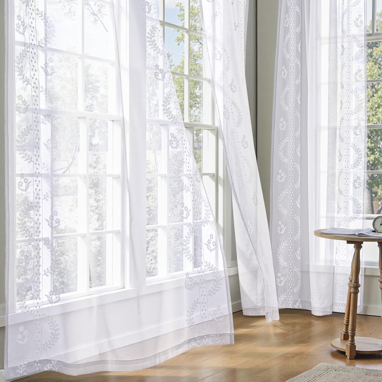 TOPICK Embroidery Floral White Net Curtains for Windows 90 Inch Long - Image 3