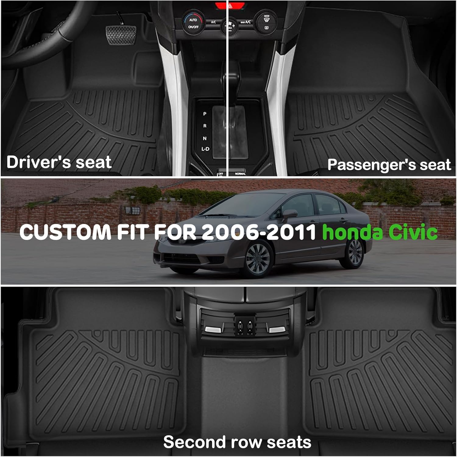 Floor Mats for 2006-2011 Honda Civic Gas Sedan Upgrade Trunk Mat All Weather TPE Floor Liners Fit for 2006-2011 Civic 1st & 2nd Row and Cargo Liner Anti-Slip Full Set Car Mats (Not for Coupe) for 2006-2011 Honda Civic Floor & Trunk Mats