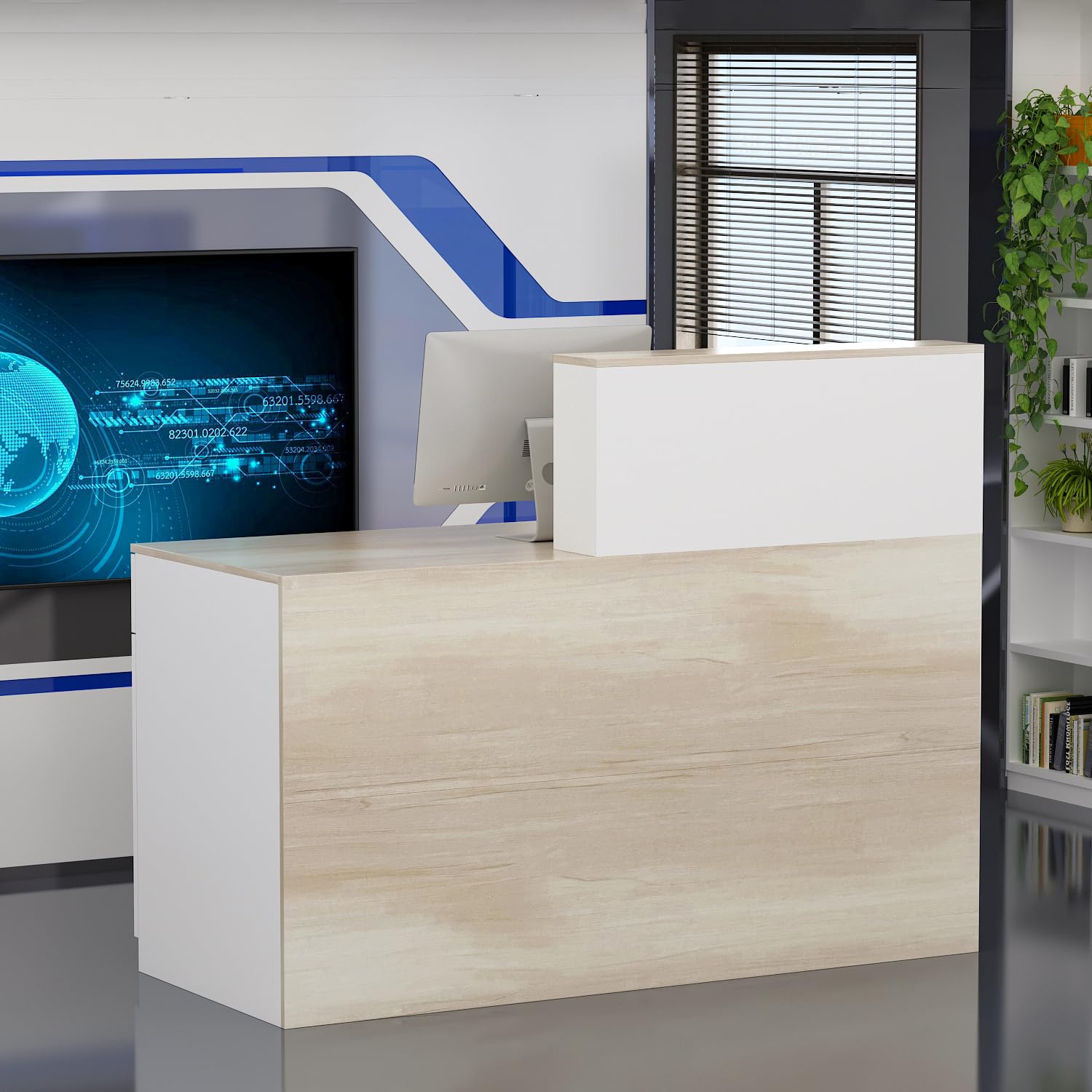 Mostrador de Recepción Grande Con Compartimentos Abiertos - Mesa de Recepción, Muebles de Oficina, Color Madera y Blanco