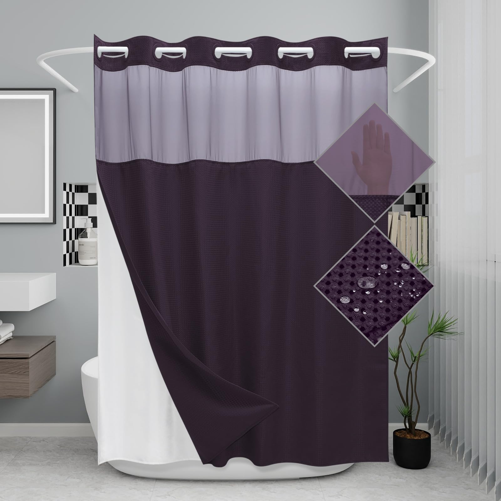 EUTXL No Hook Shower Curtain & Liner Set - Hotel Grade, Double Layer Design with Snap-in Liner for Bathroom,71W x 74H,Purple