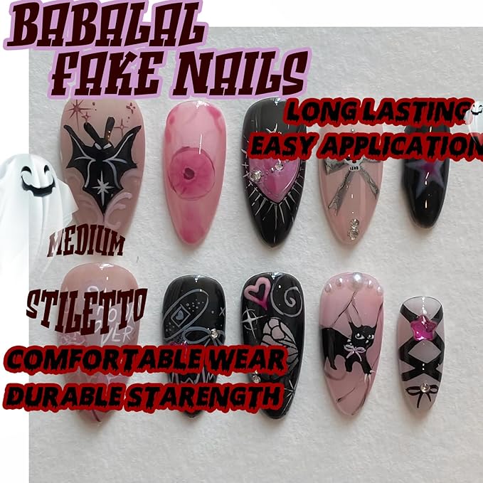 Y2K Goth Nails: Spooky Cute Almond Press-Ons