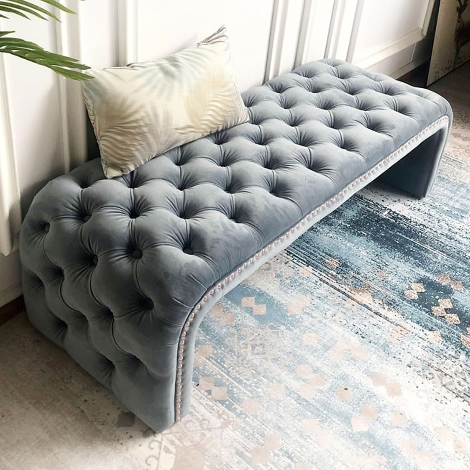 MSHGSKU Modern Upholstered Shoe Bench with Nailhead Trim Stylish Ottoman & Footrest for Living Room Dining Room Blue Fabric 31.49in 80cm