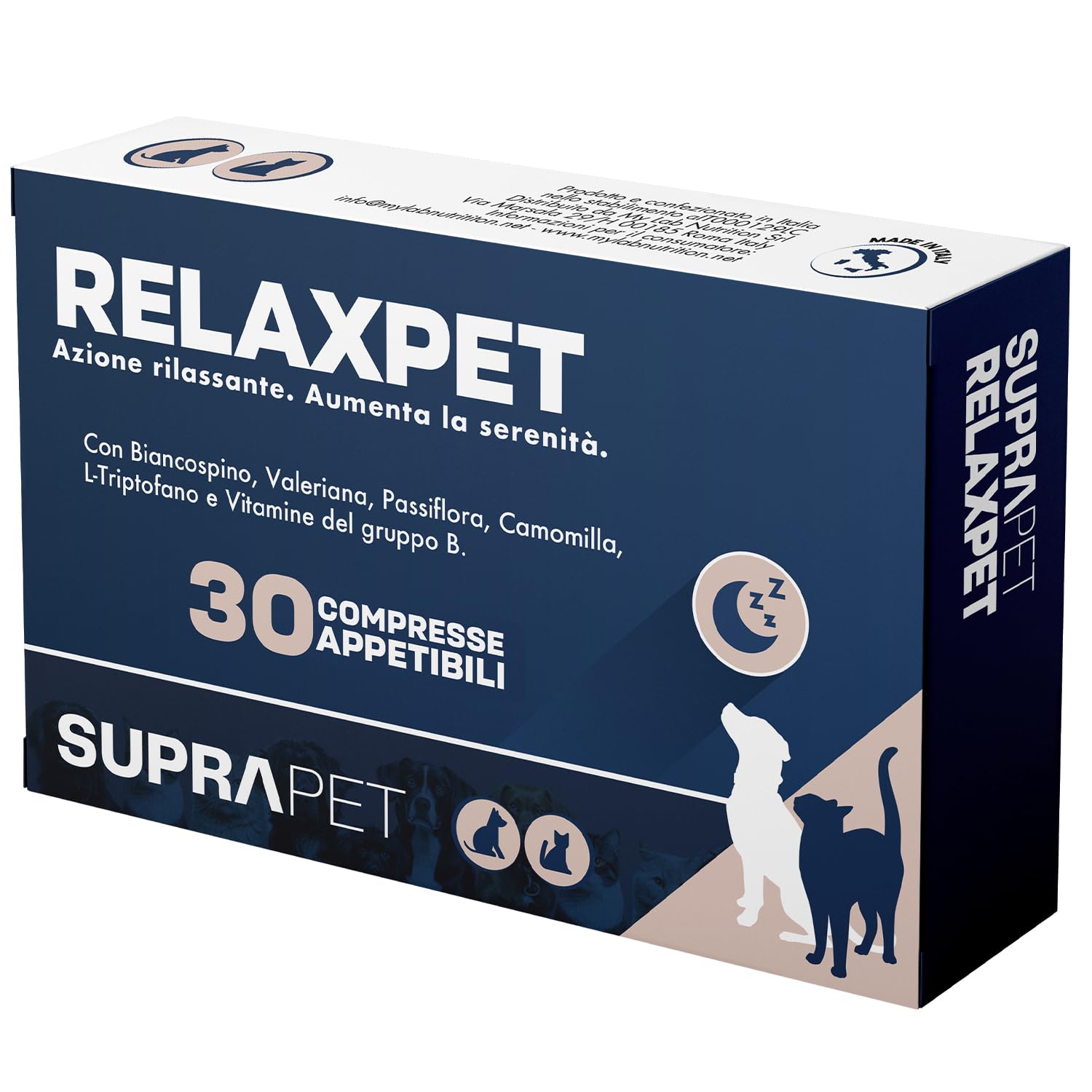 Suprapet Relax Calmante per Cani e Gatti 30 compresse - Rilassante Naturale Contro Stress e Paura con L-​Triptofano, Vitamine B, Valeriana, Passiflora, Biancospino, Zenzero