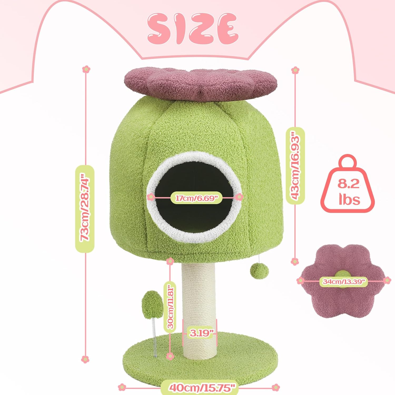 EMUST Flower Cat Tree with Bed, 28.74inch Tall Cat Tower with Scratching Post & Cozy Condo, Cute Sisal Cat Scratcher with Plush Hang Spring Ball Toys, Removable Cat Bed for Indoor Adults Cats, Green